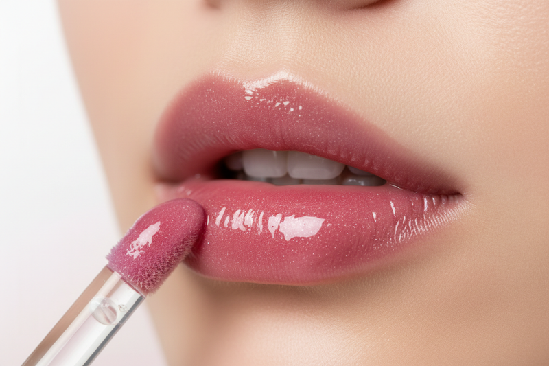 Close-up beauty shot of a lip mask applicator applying a glossy peel-off lip mask evenly onto lips. Hygienic applicator visible. Clean, professional skincare routine aesthetic. Soft studio lighting, minimal background, high-end cosmetic advertising photography, sharp focus.