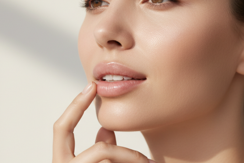 High-end beauty photo of a woman gently touching her lips with her fingers, lips visibly soft, smooth, and hydrated. Natural makeup, healthy glow, clean skincare aesthetic. Soft daylight lighting, neutral tones, minimal background. Emotion of relief and confidence, luxury skincare advertising style